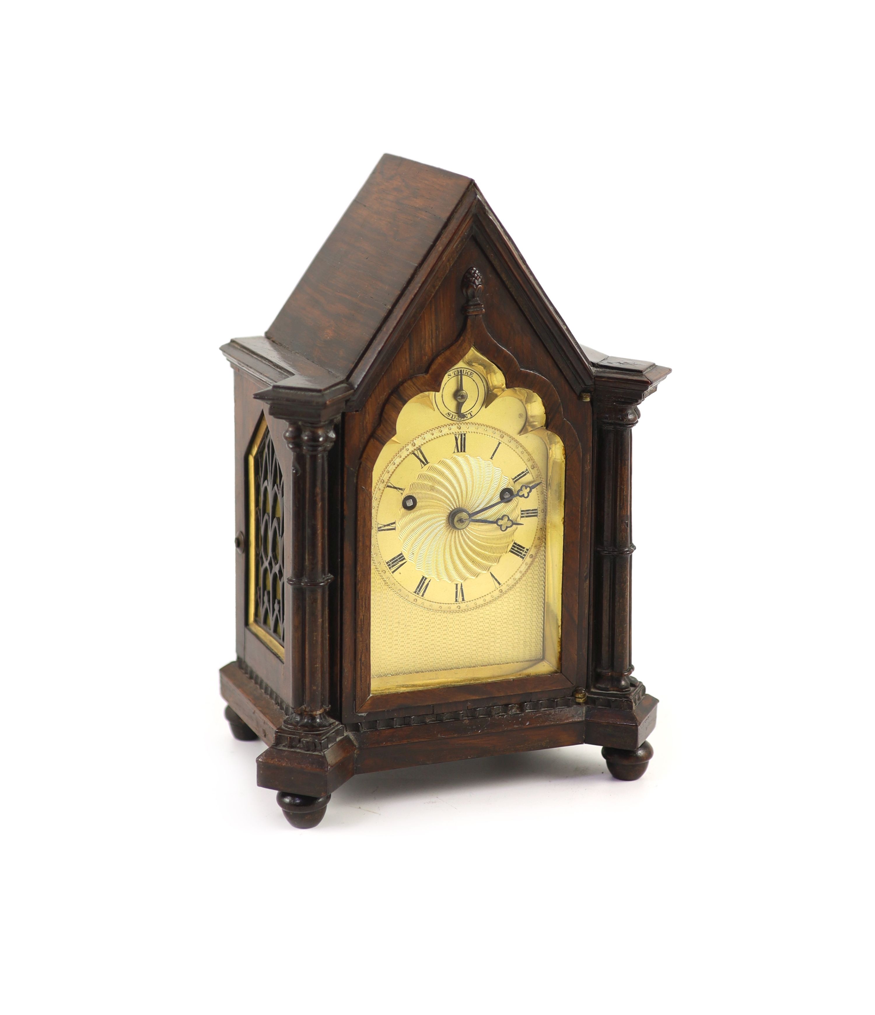 An early Victorian gothic revival rosewood mantle clock, width 18cm depth 13cm height 25cm